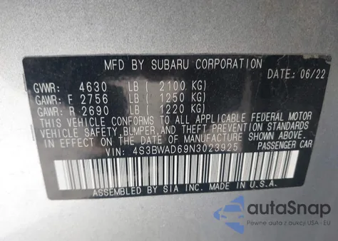 2022 Subaru Legacy Premium z USA, uszkodzony, nr VIN 4S3BWAD69N3023925